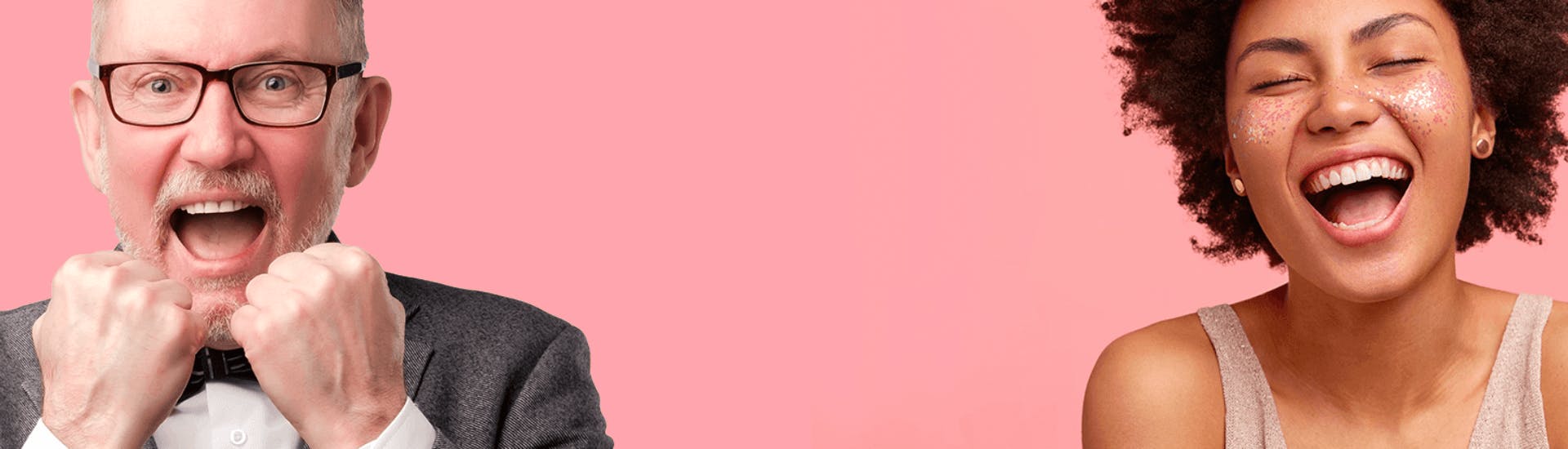 Photos d'un homme et d'une femme souriants sur un fond rose