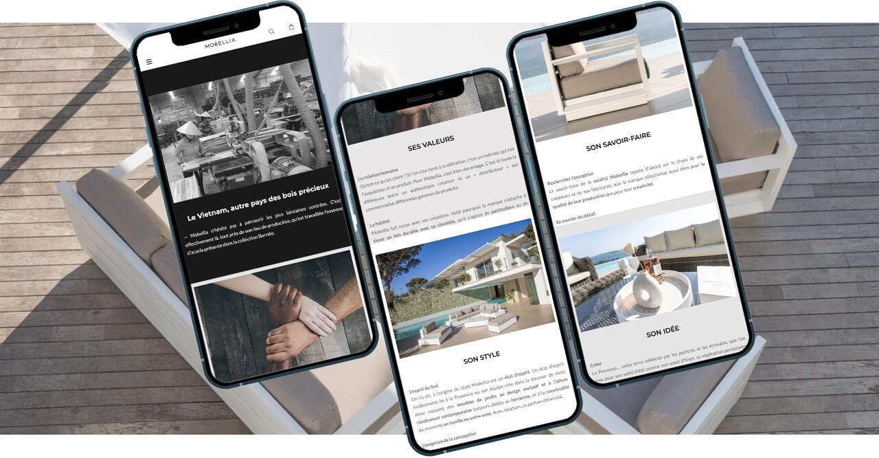 3 smartphones présentent 3 extraits du site e-commerce de Mobellia