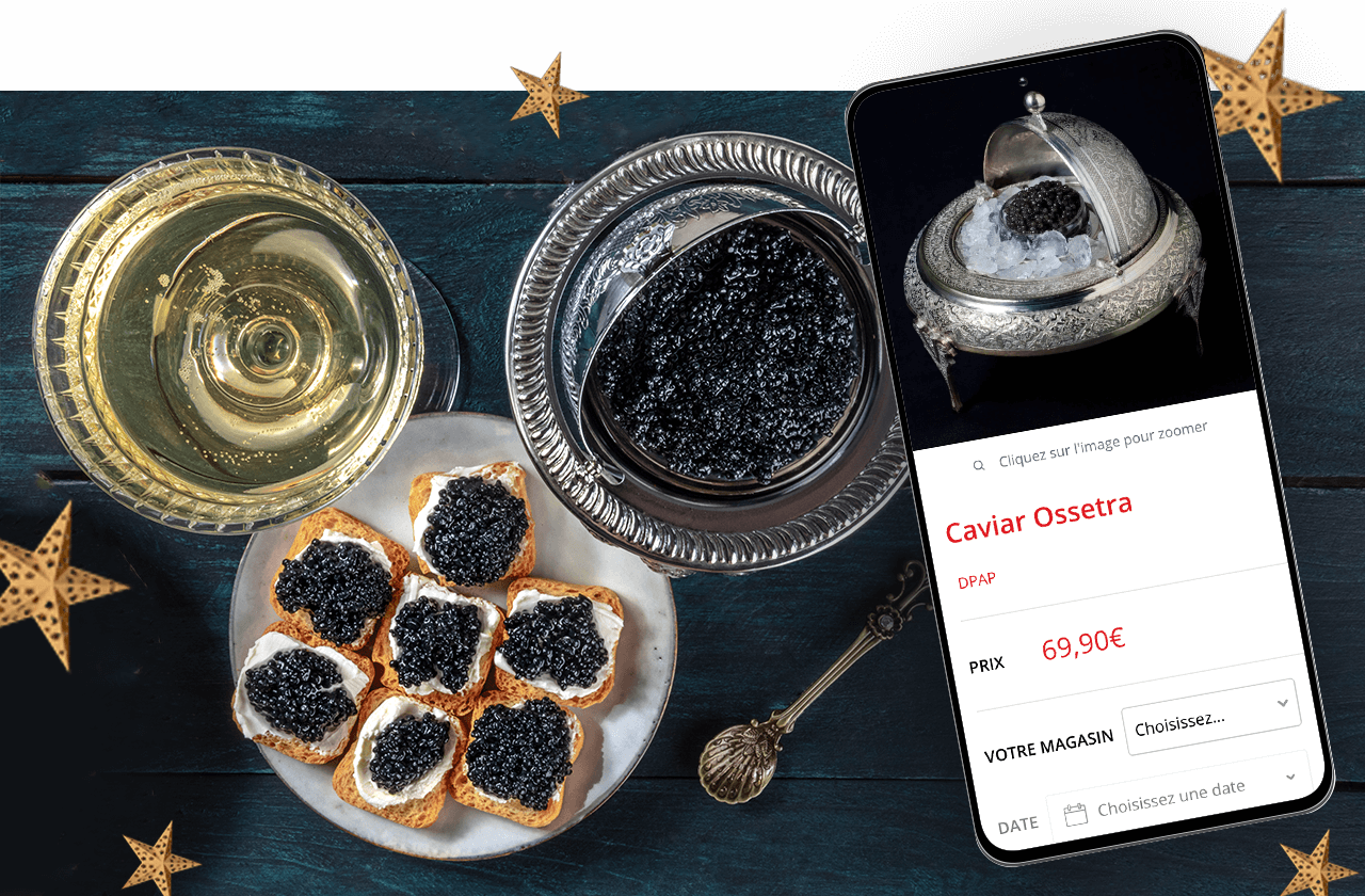 Extrait d'une fiche produit du site internet de Geant Casino dans un décors de table de repas de fetes de fin d'année
