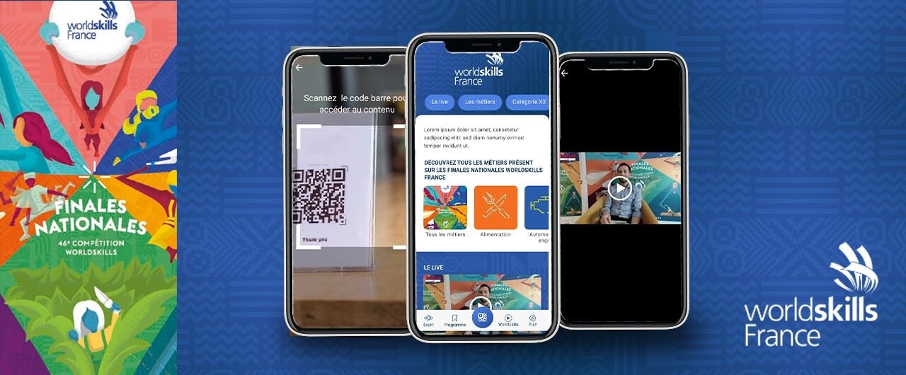L'application mobile WorldSkills France vue depuis trois smartphones