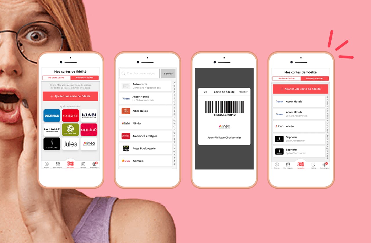 Différents écrans de l'application mobile Casino Max détaillant les différentes étapes du programme de fidélité