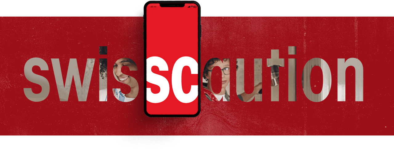 Le logo Swiss Caution vu à travers un smartphone