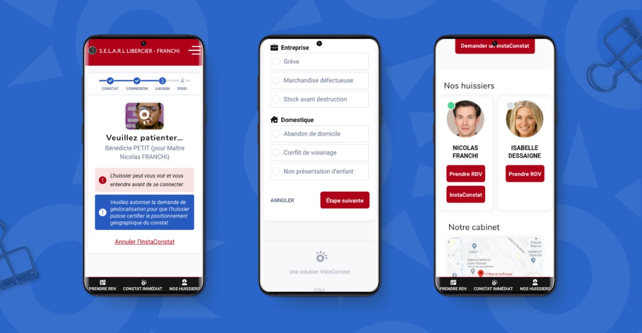 Présentation de Visio Constat à travers 3 visuels présentés via smartphone. Le constat d'huissier se fait directement en visio à l'aide de son smartphone