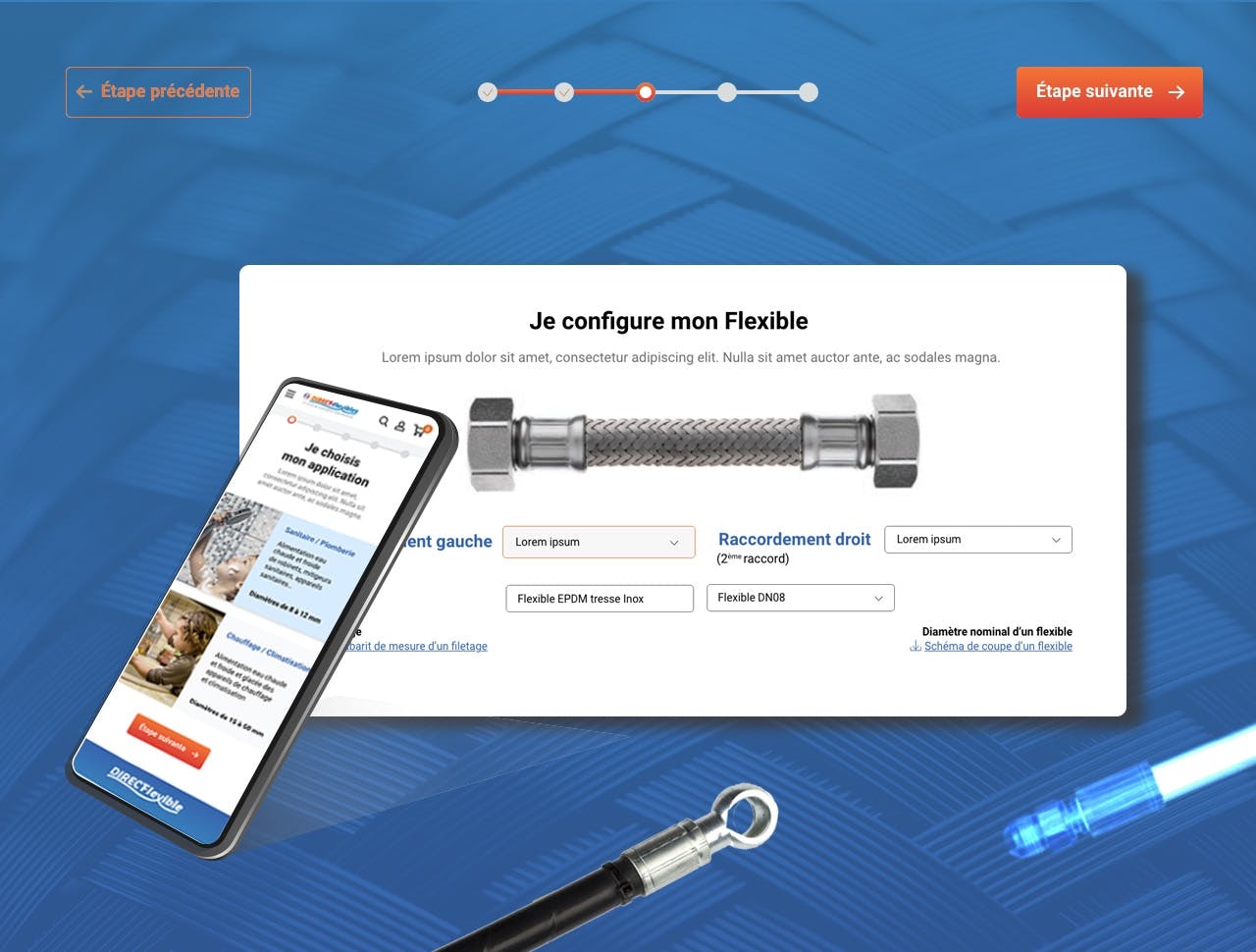 Extrait du site direct-flexibles permettant de configurer sur-mesure son flexible de douche