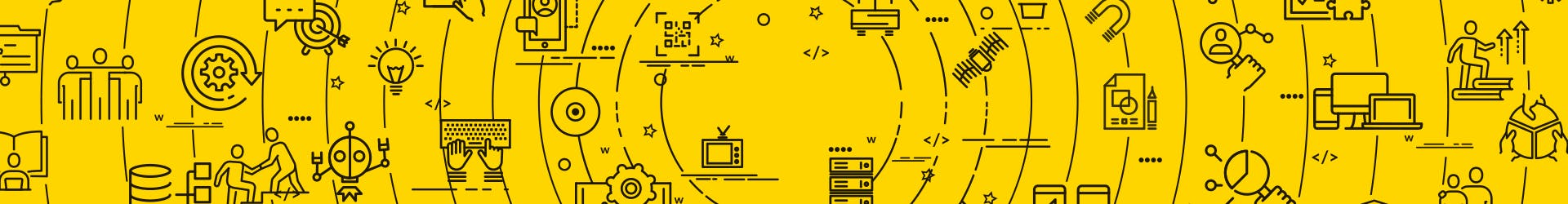 Plusieurs picto sur fond jaune représentant l'ensemble des interactions d'un utilisateur lors de son parcours client digital