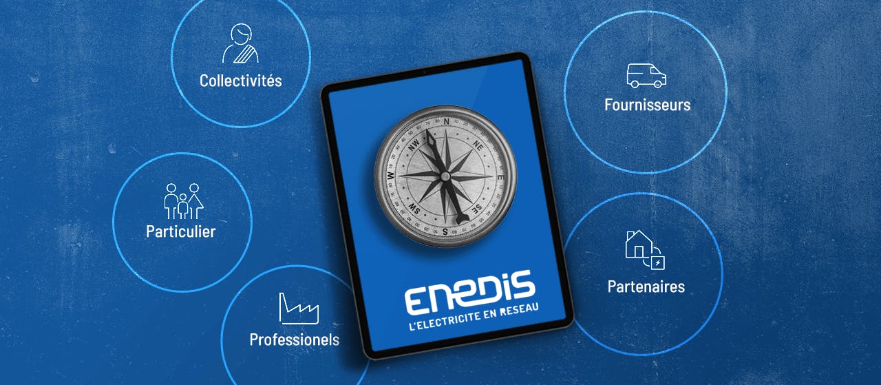 Représentation schématique d'une boussole symbolisant Enedis permettant à l'ensemble de ses utilisateurs de retrouver la bonne direction.