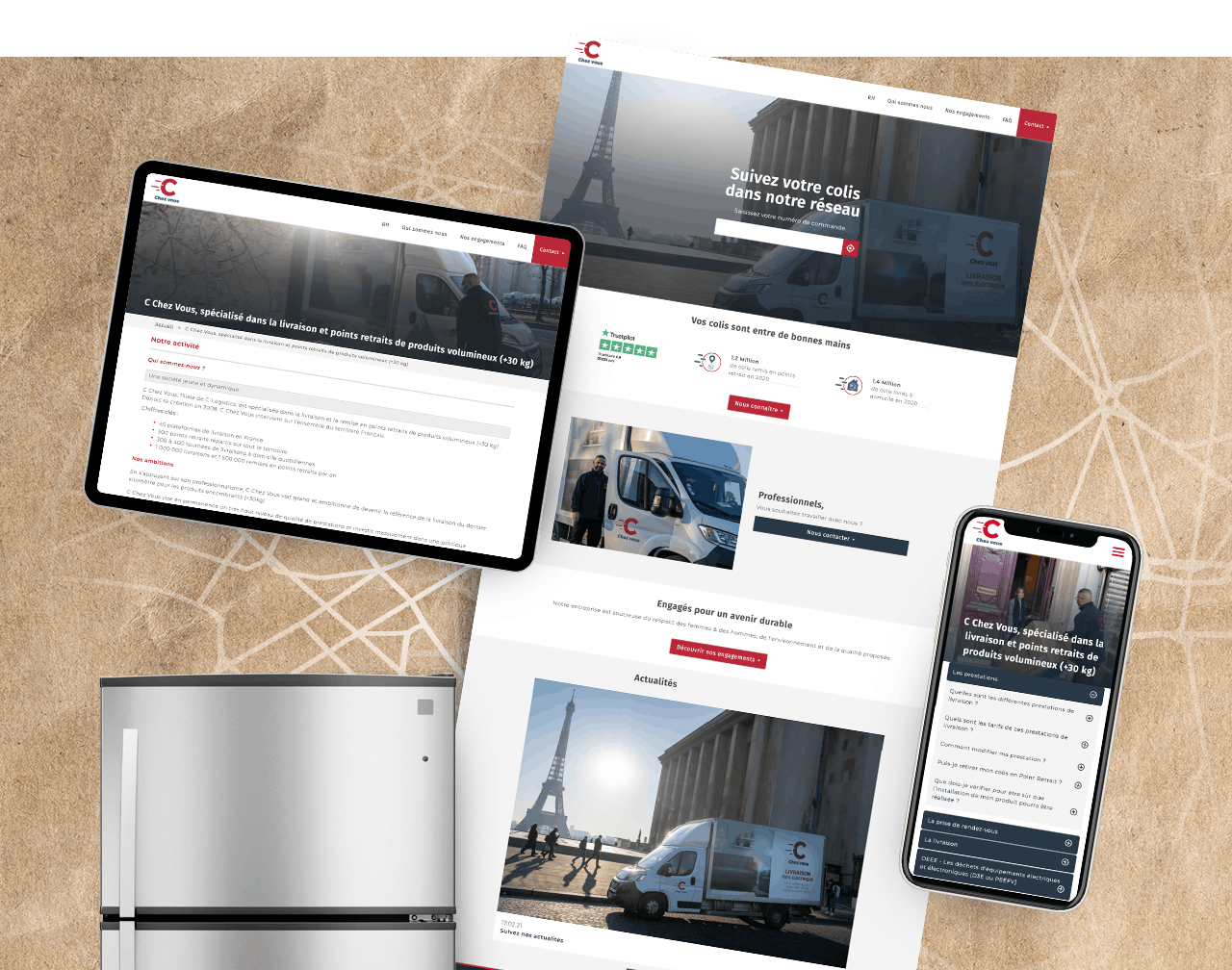Extraits du site internet de C Chez Vous, présentés à travers des smartphones, tablettes et ordinateurs