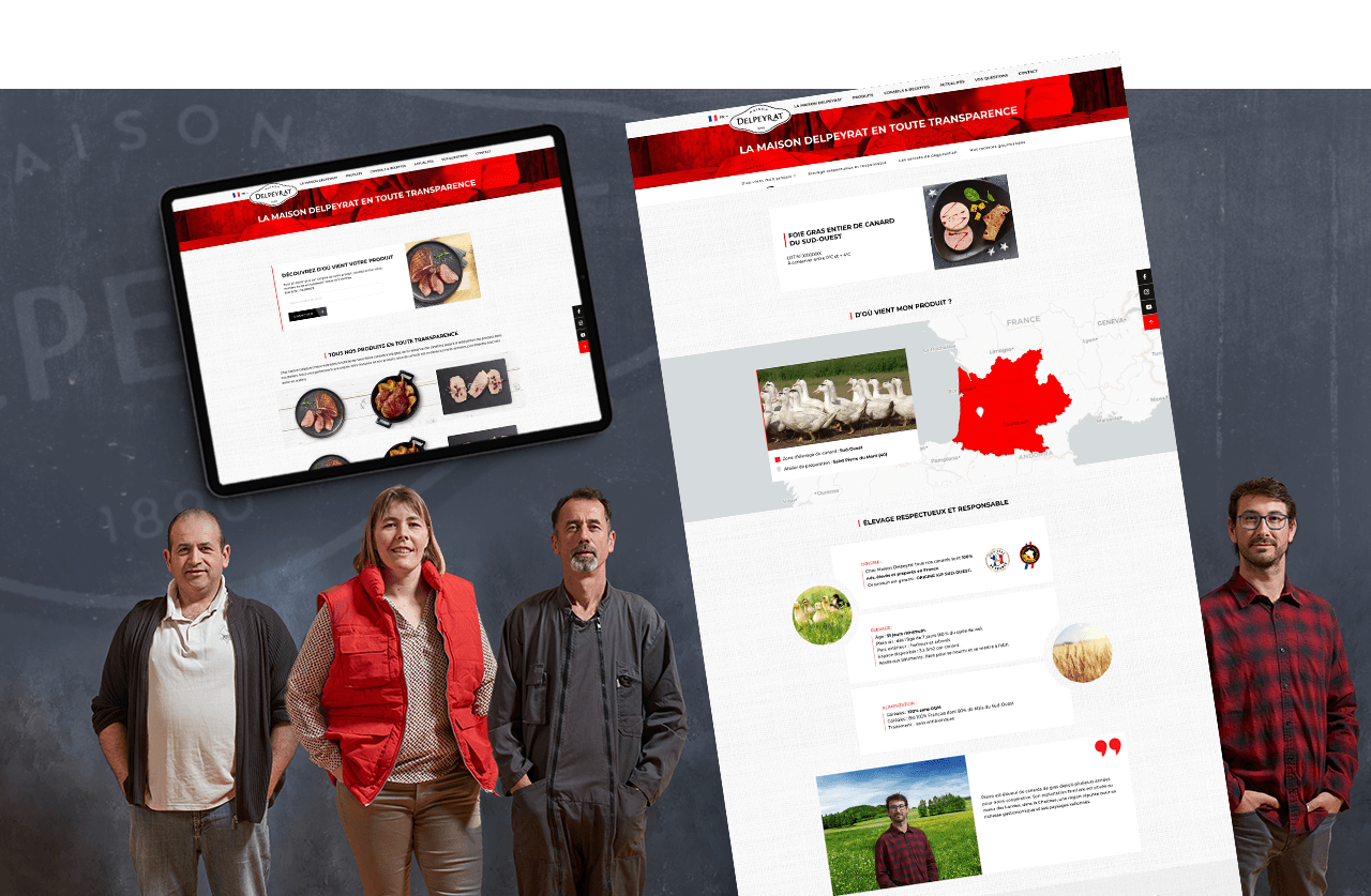 Portrait de producteurs de canards, présentés sur une des page internet du site de la marque Delpeyrat