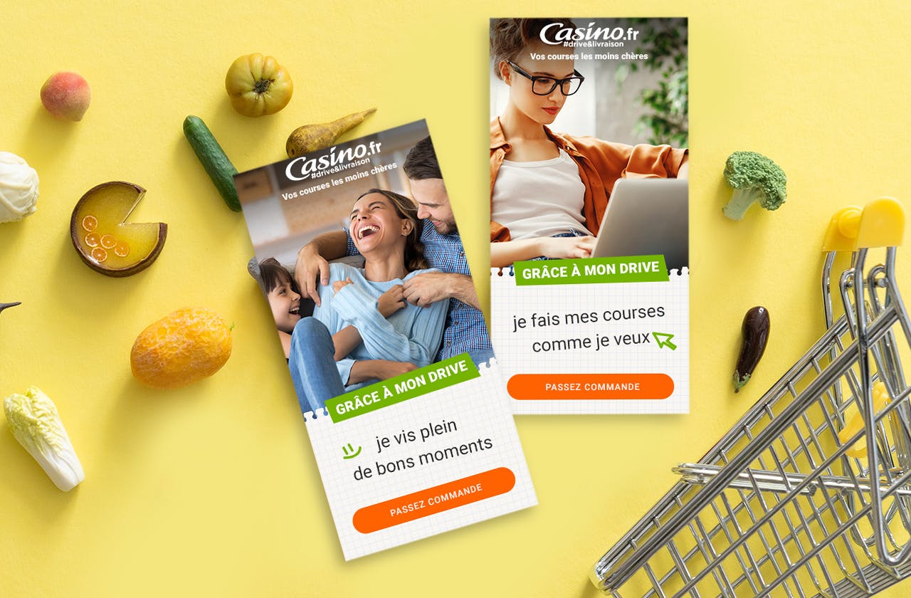 Les publicités de la campagne de casino.fr mis en scène sur un fond jaune avec des produits alimentaires