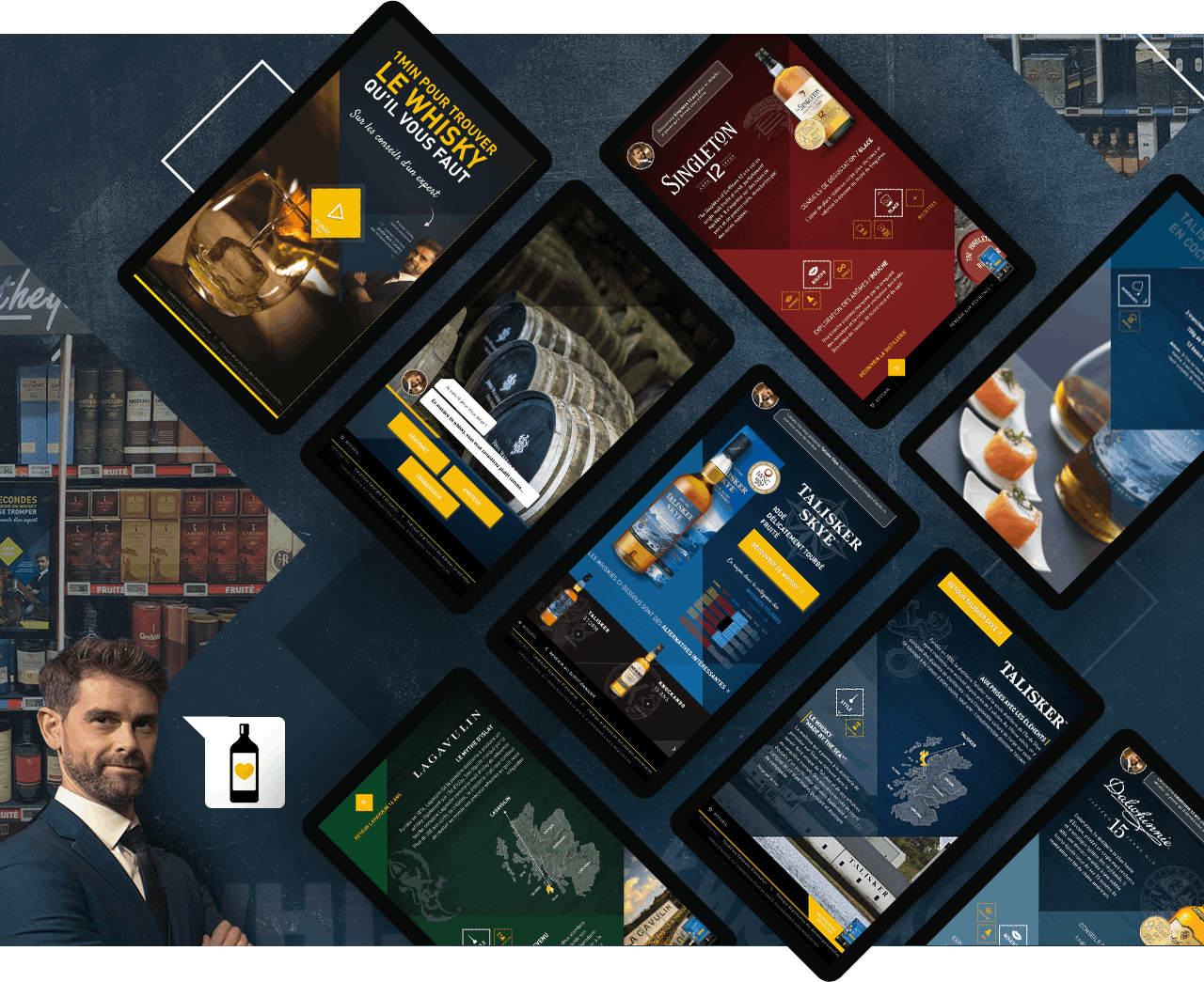 Différents extraits de la borne interactive de MHD pour choisir sa marque de whisky